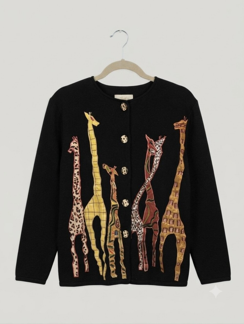 Vtg Daniel K Black 100% Cotton Jacket w/ Tall Giraffe Animal Print Sz M Womens